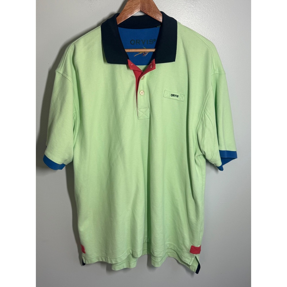 Orvis Mens XL Polo Shirt Mint Green Colorblock Short Sleeve Cotton Pique Pique